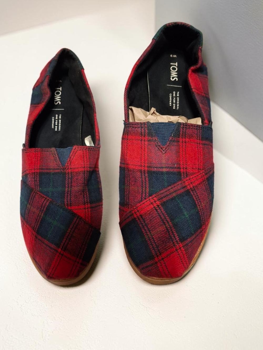 TOMS Classic Slip-On Plaid Canvas Shoes - Red & Navy - Picture 1 of 5